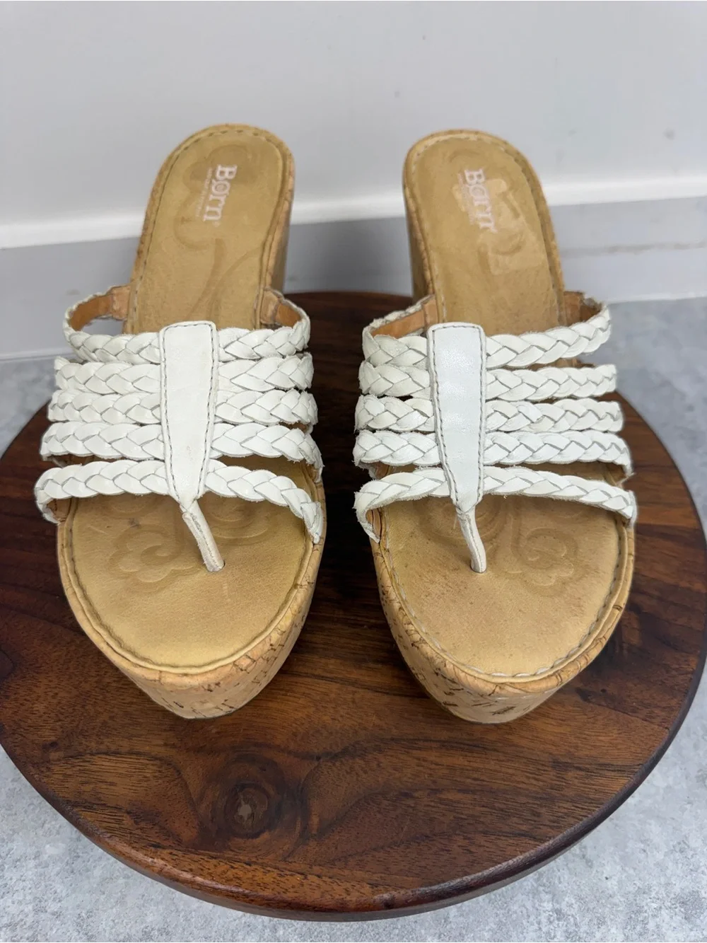 Born White Braided Leather Cork Platform Wedge Sandals Size 10